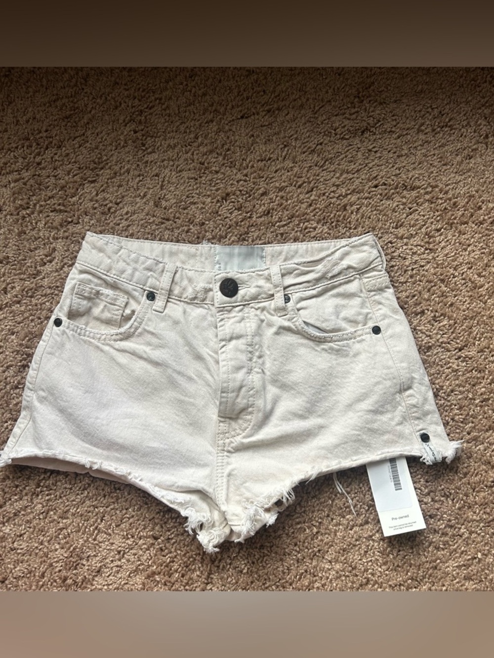 One Teaspoon Cream High-Rise Frayed Hem Jean Shorts